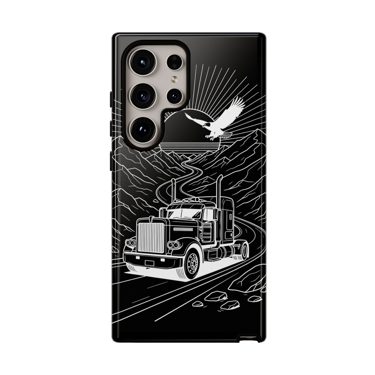 Trucker Highway Phone Case | Eagle & Mountain Line Art | Black Western Tough Case