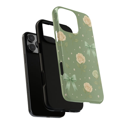 Vintage Rose Bow Phone Case – Sage Green Floral Coquette Aesthetic Tough Case (iPhone, Samsung, Pixel)