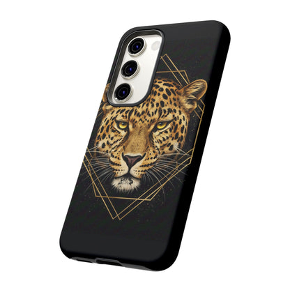 Leopard Head Geometric Phone Case – Black & Gold Luxe Tough Case