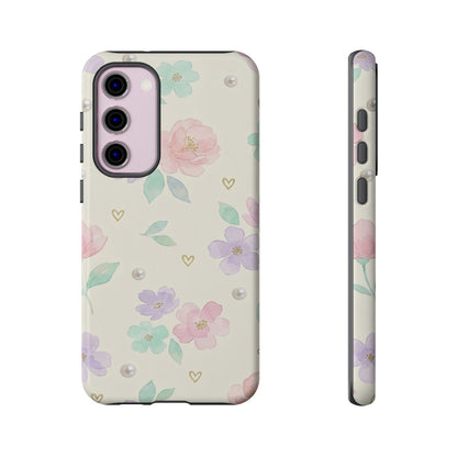 Pastel Floral Phone Case – Coquette Watercolor Flower Hearts Tough Case (iPhone, Samsung, Pixel)