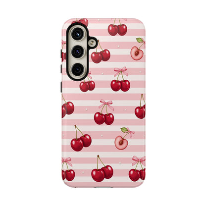 Coquette Cherry Bow Phone Case | Cute Pink Aesthetic Cherry Pattern Tough Case for iPhone & Samsung