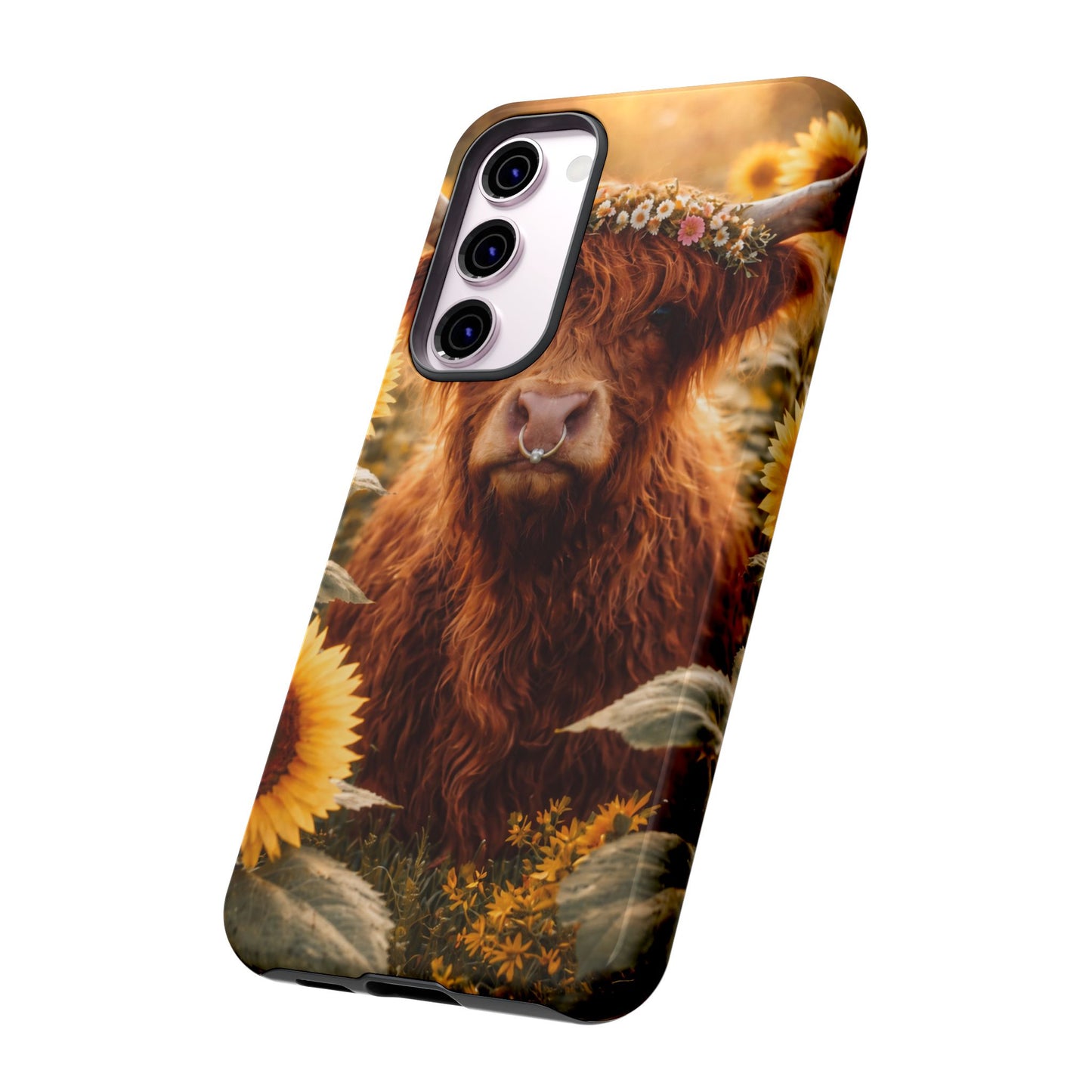 Highland Cow Sunflower Phone Case | Floral Farmhouse iPhone, Samsung Galaxy and Pixel Cover