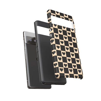Checkerboard Heart Phone Case – Black & Beige Cute Aesthetic Protective Cover for Iphone, Samsung Galaxy and Pixel