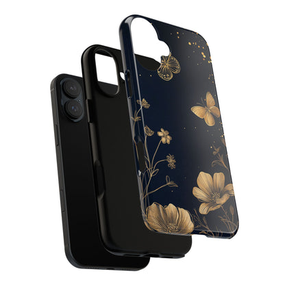 Gold Floral Butterfly Phone Case, Dark Aesthetic Botanical, Elegant Black Luxury iPhone Samsung Cover