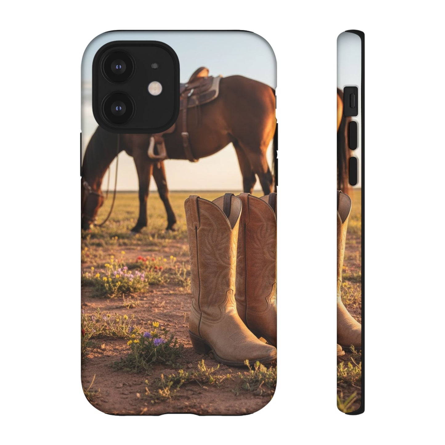 Western Cowboy Boots Phone Case – Rustic Horse Sunset Tough Case (iPhone, Samsung, Pixel)