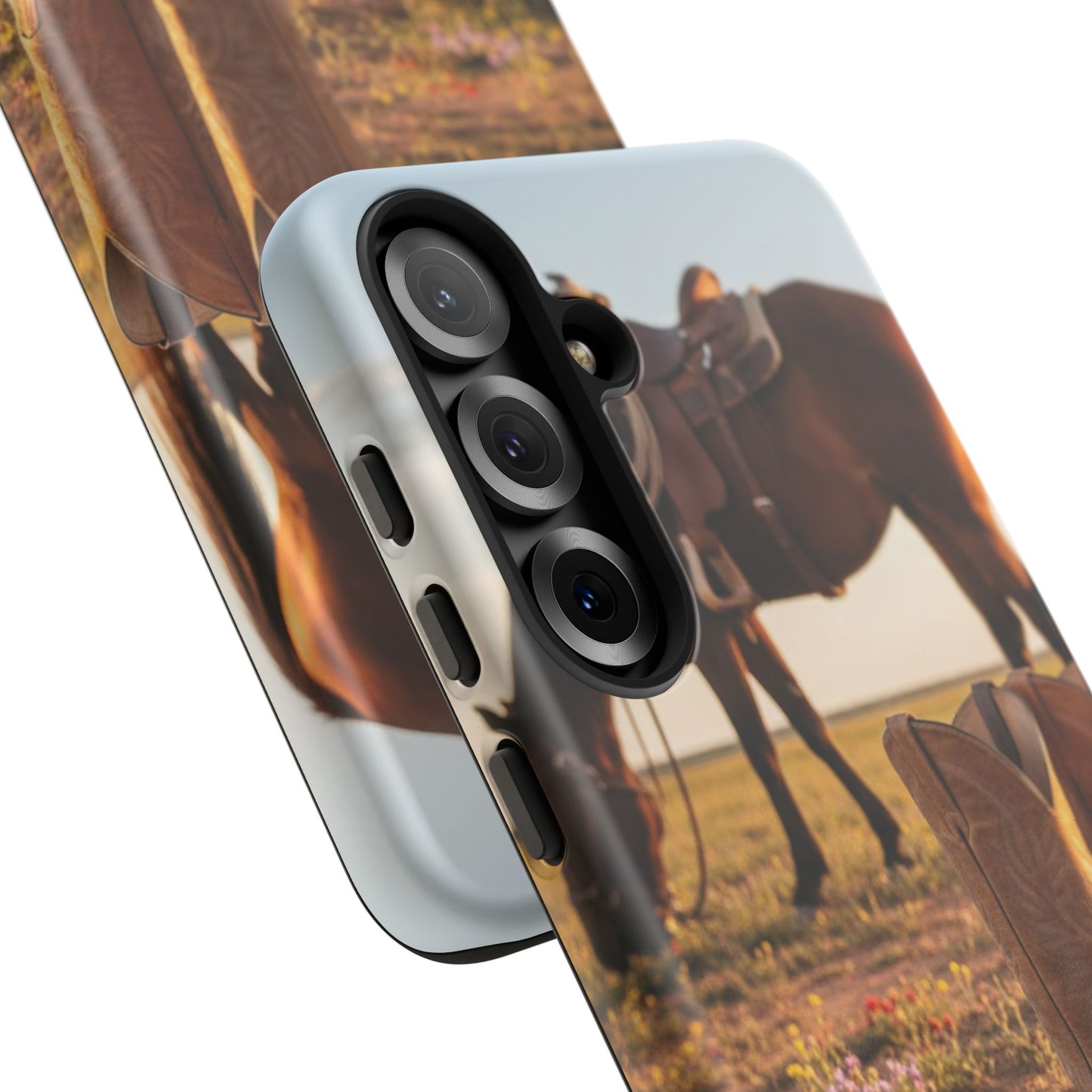 Western Cowboy Boots Phone Case – Rustic Horse Sunset Tough Case (iPhone, Samsung, Pixel)