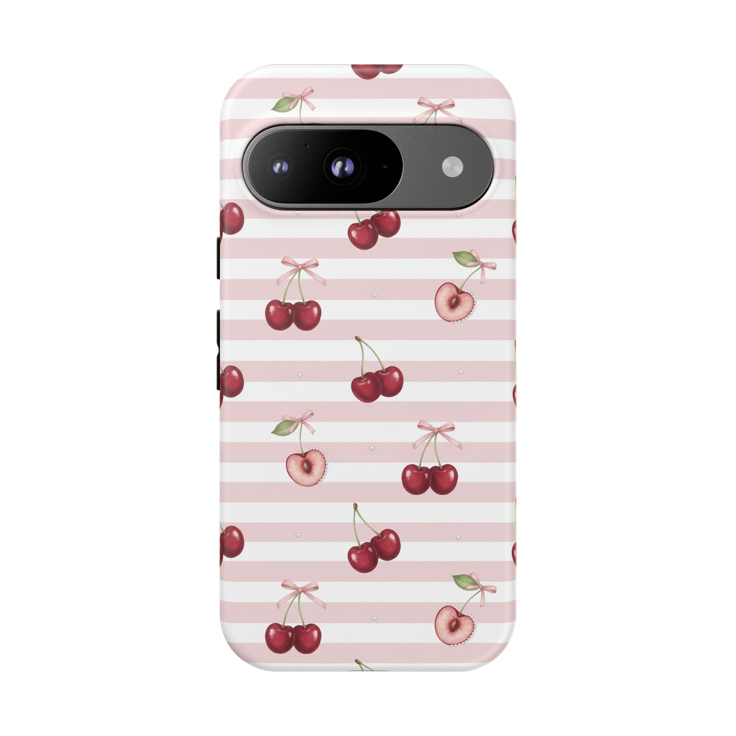 Pink Cherry Stripe Phone Case | Cute Coquette Aesthetic Protective Tough Case