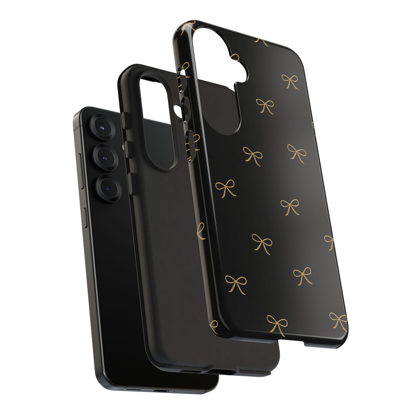 Black Phone Case with Gold Bow Pattern – Slim Protective Cute Aesthetic Cover for Iphone, Samsung Galaxy and Pixel