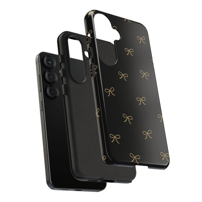 Black Phone Case with Gold Bow Pattern – Slim Protective Cute Aesthetic Cover for Iphone, Samsung Galaxy and Pixel