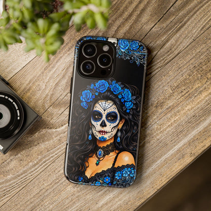 Blue Sugar Skull Woman Phone Case – Day of the Dead Aesthetic Tough Cover
