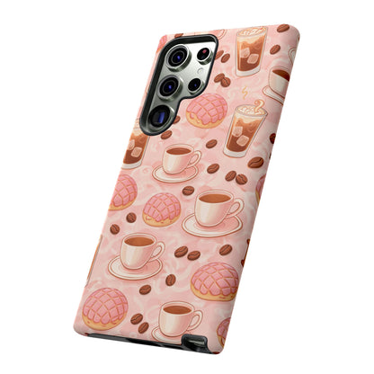Cute Coffee & Pink Concha Phone Case – Coffee Lover Aesthetic Latte Pattern Tough Case