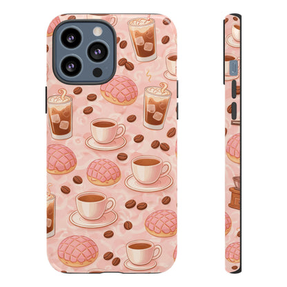 Cute Coffee & Pink Concha Phone Case – Coffee Lover Aesthetic Latte Pattern Tough Case