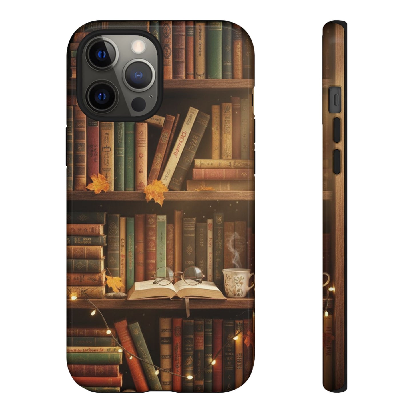 Cozy Vintage Bookshelf Phone Case, Library Aesthetic Book Stack, Autumn Coffee Vibes (iPhone, Samsung, Pixel)
