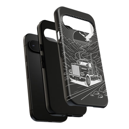 Trucker Highway Phone Case | Eagle & Mountain Line Art | Black Western Tough Case