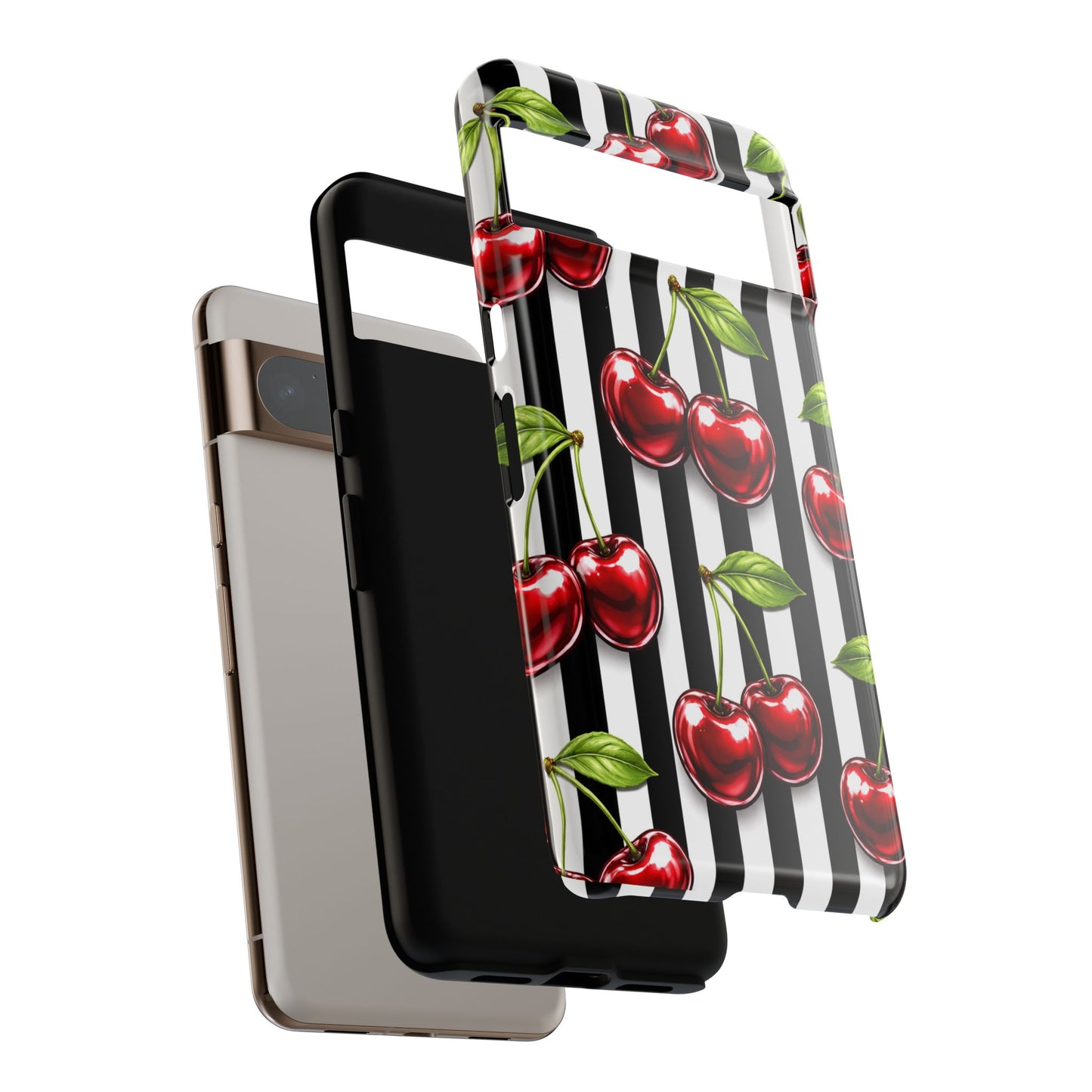 Cherry Pattern Phone Case Black White Stripe Retro Aesthetic Tough Cover