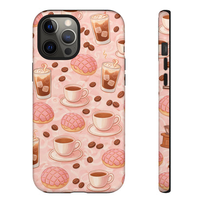 Cute Coffee & Pink Concha Phone Case – Coffee Lover Aesthetic Latte Pattern Tough Case