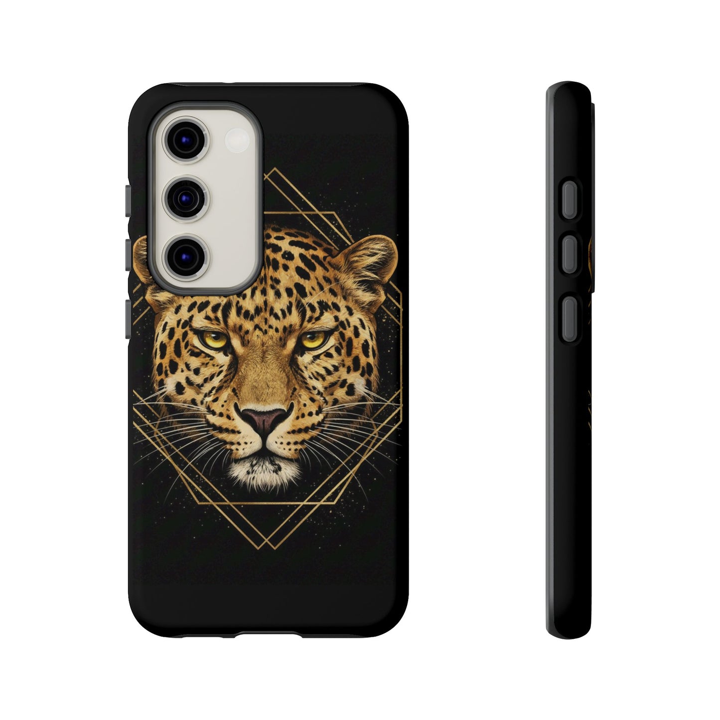 Leopard Head Geometric Phone Case – Black & Gold Luxe Tough Case
