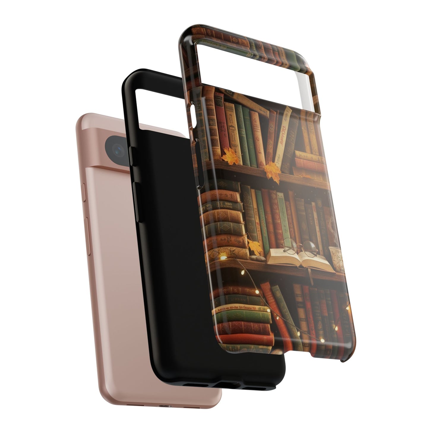 Cozy Vintage Bookshelf Phone Case, Library Aesthetic Book Stack, Autumn Coffee Vibes (iPhone, Samsung, Pixel)