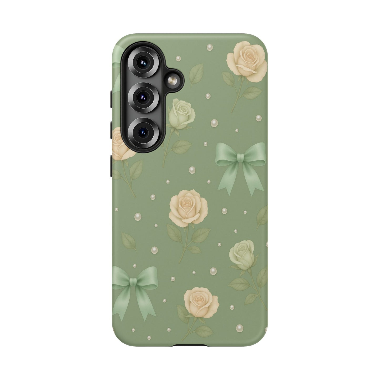 Vintage Rose Bow Phone Case – Sage Green Floral Coquette Aesthetic Tough Case (iPhone, Samsung, Pixel)