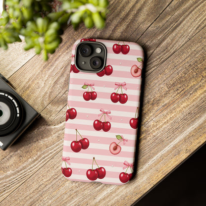 Coquette Cherry Bow Phone Case | Cute Pink Aesthetic Cherry Pattern Tough Case for iPhone & Samsung