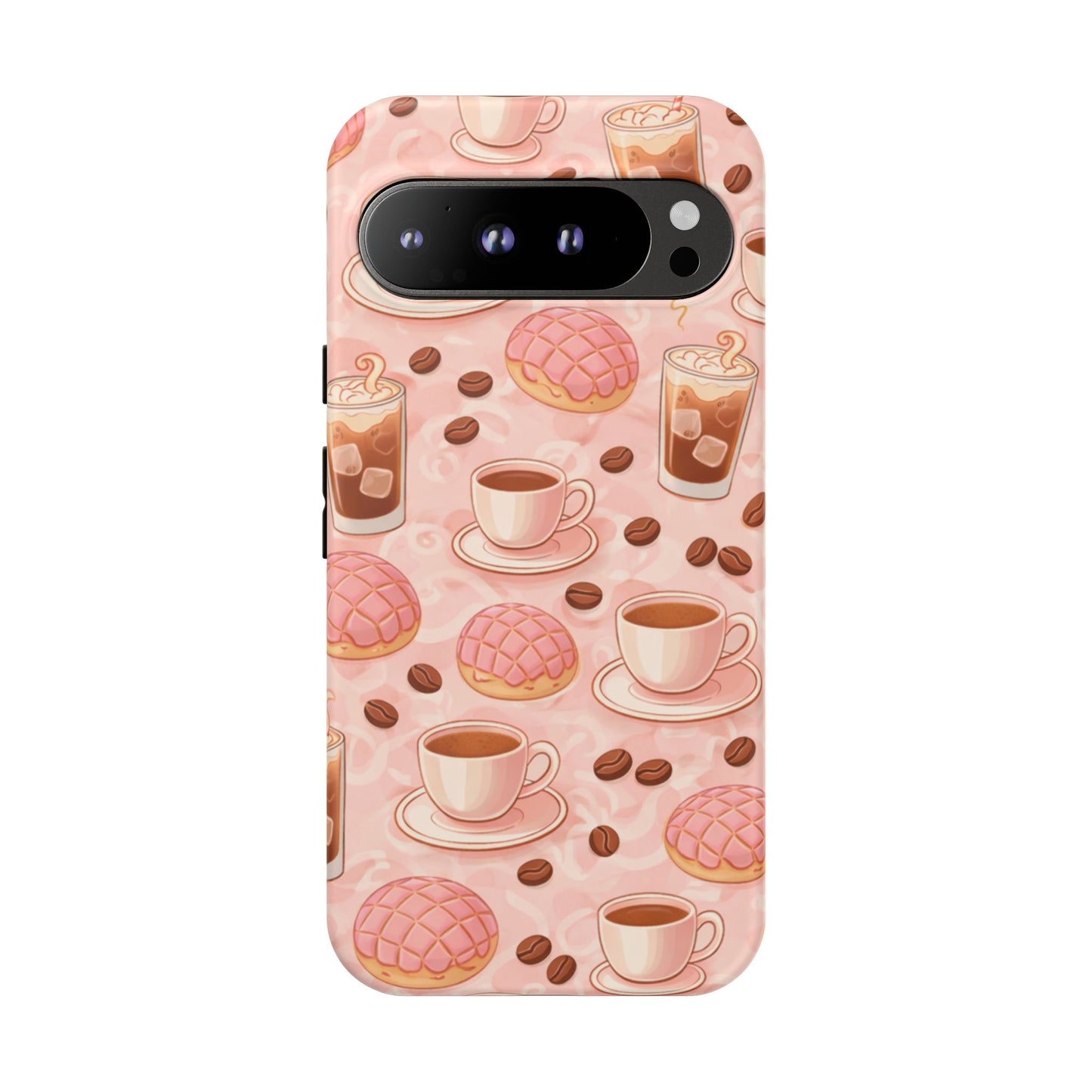 Cute Coffee & Pink Concha Phone Case – Coffee Lover Aesthetic Latte Pattern Tough Case
