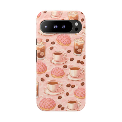 Cute Coffee & Pink Concha Phone Case – Coffee Lover Aesthetic Latte Pattern Tough Case