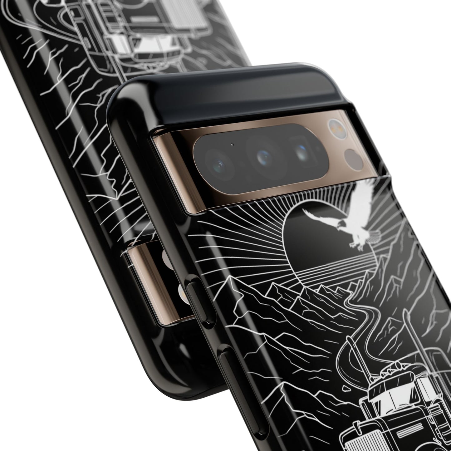 Trucker Highway Phone Case | Eagle & Mountain Line Art | Black Western Tough Case