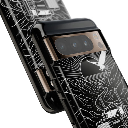 Trucker Highway Phone Case | Eagle & Mountain Line Art | Black Western Tough Case