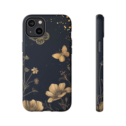 Gold Floral Butterfly Phone Case, Dark Aesthetic Botanical, Elegant Black Luxury iPhone Samsung Cover