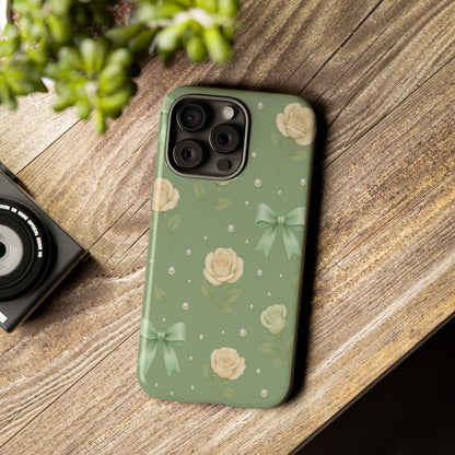 Vintage Rose Bow Phone Case – Sage Green Floral Coquette Aesthetic Tough Case (iPhone, Samsung, Pixel)