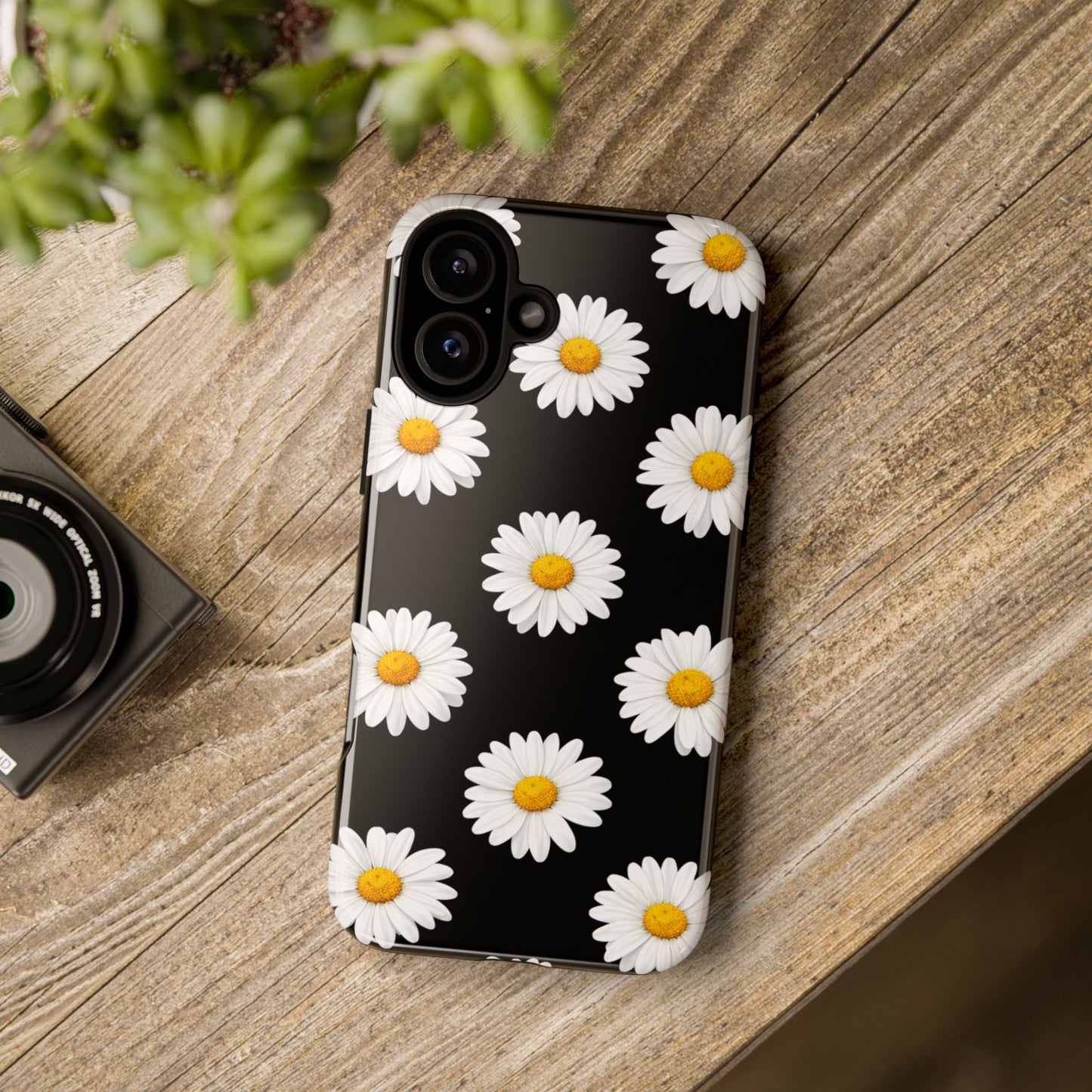 Black Daisy Floral Tough Phone Case – Cute Protective Cover for Iphone, Samsung Galaxy and Pixel