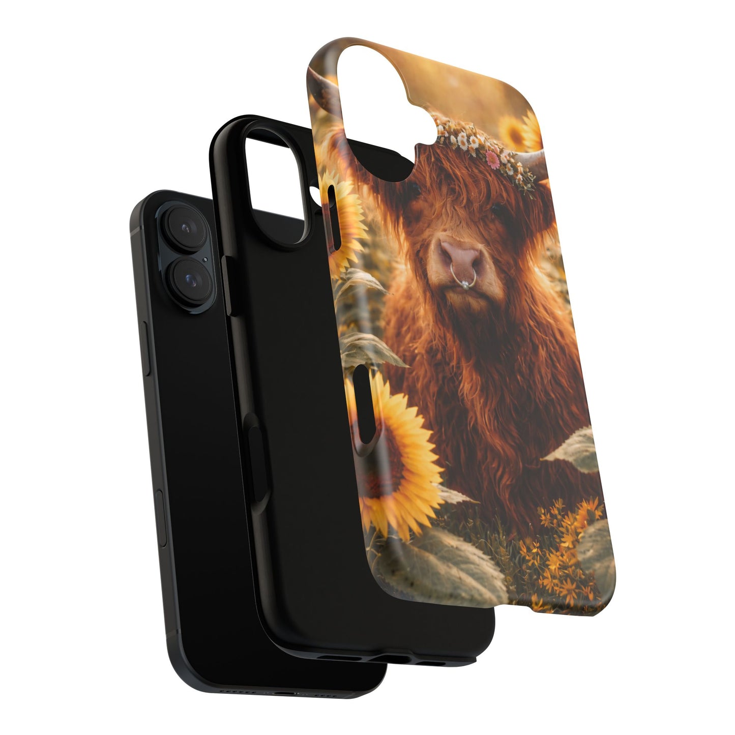 Highland Cow Sunflower Phone Case | Floral Farmhouse iPhone, Samsung Galaxy and Pixel Cover