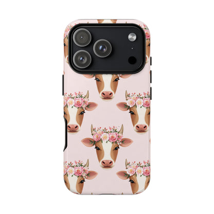 Floral Cow Phone Case – Cute Pink Cow Print Tough Protective Case for Iphone, Samsung Galaxy and Pixel