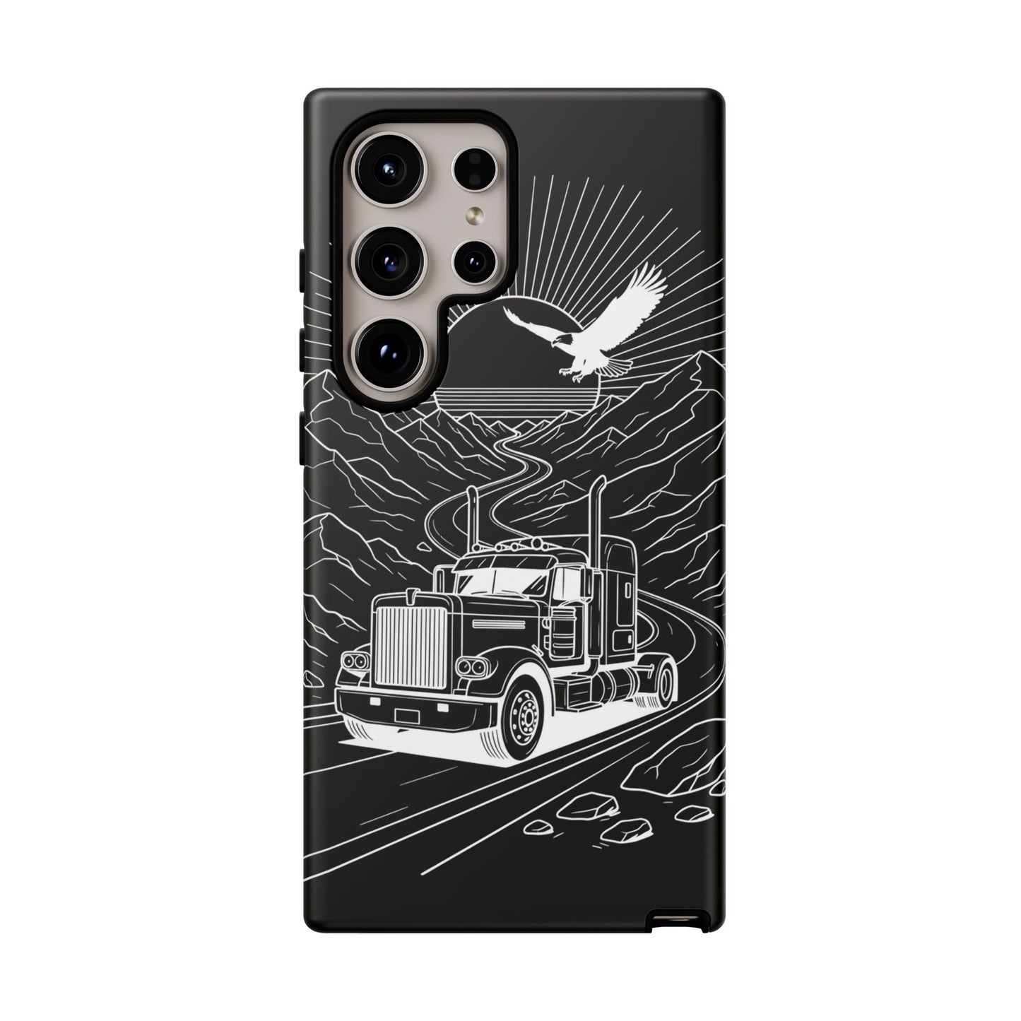 Trucker Highway Phone Case | Eagle & Mountain Line Art | Black Western Tough Case
