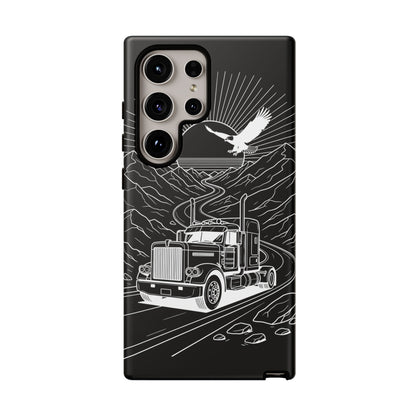 Trucker Highway Phone Case | Eagle & Mountain Line Art | Black Western Tough Case