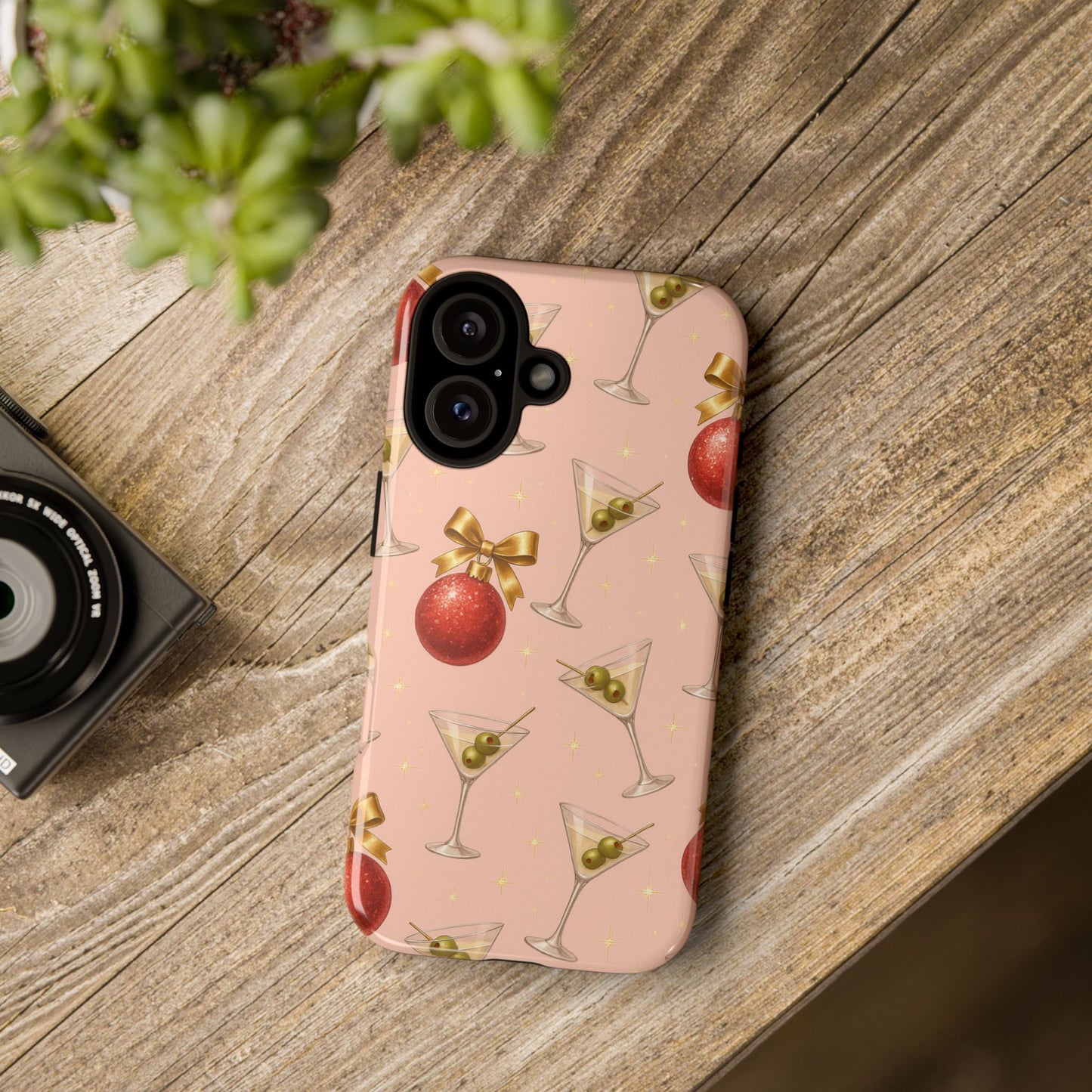 Cocktail Ornament Phone Case – Pink Martini & Cherry Pattern | Glossy or Matte for Iphone, Samsung Galaxy and Pixel