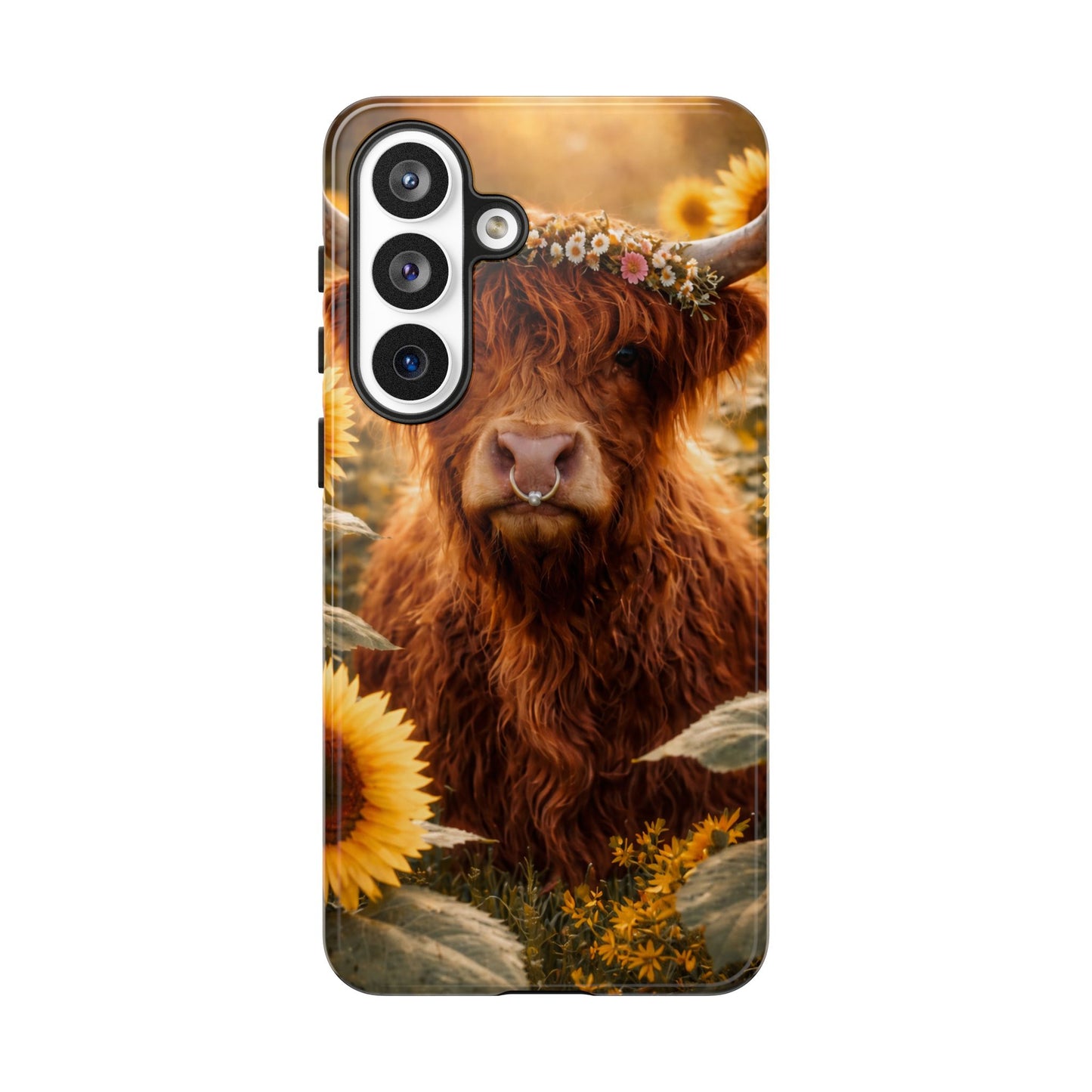 Highland Cow Sunflower Phone Case | Floral Farmhouse iPhone, Samsung Galaxy and Pixel Cover