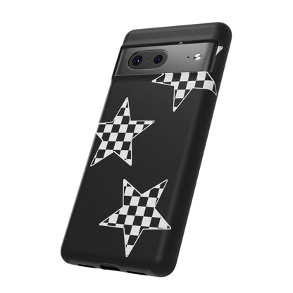 Checkered Star Tough Phone Case – Black Retro Graphic Protective Cover for Iphone, Samsung Galaxy and Pixel