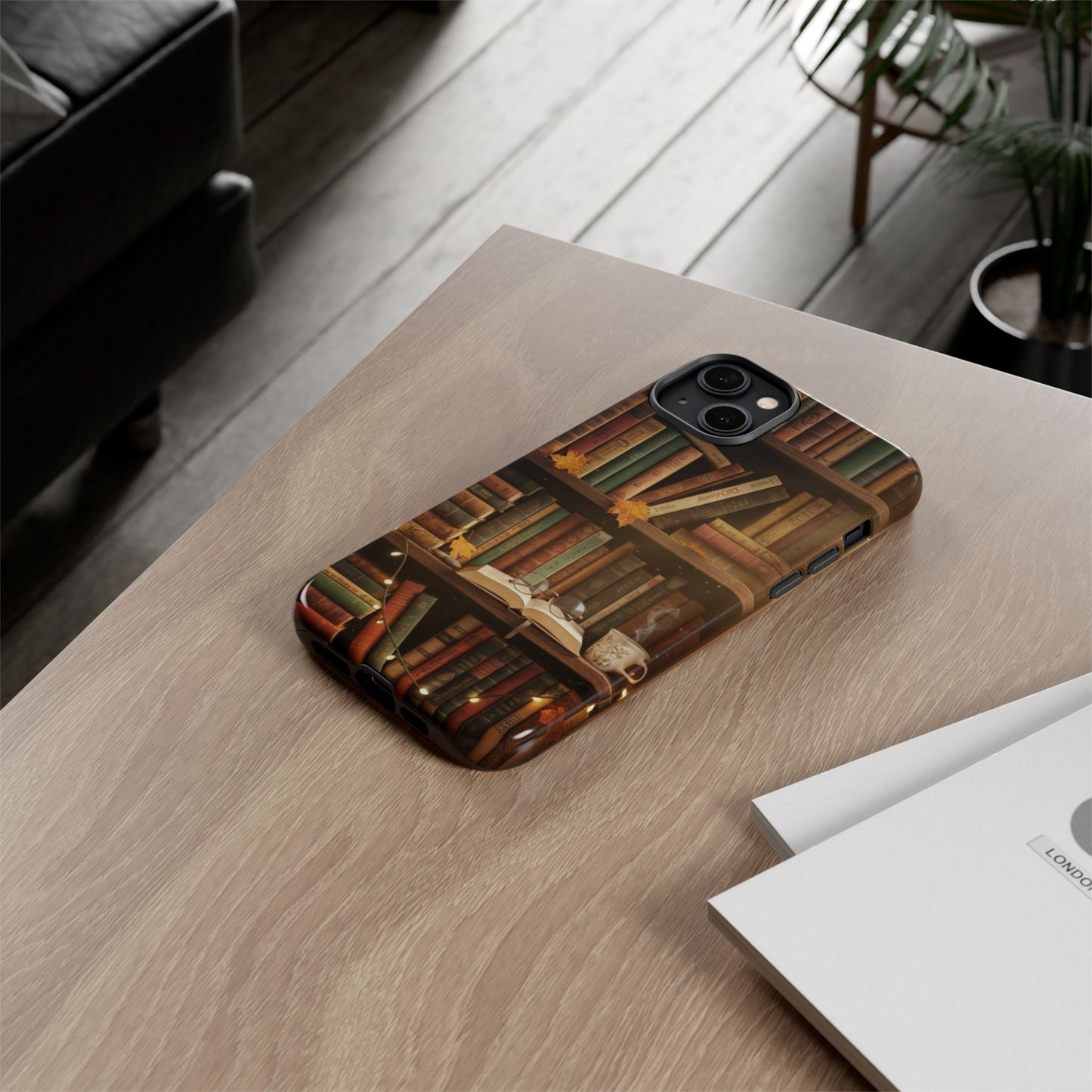 Cozy Vintage Bookshelf Phone Case, Library Aesthetic Book Stack, Autumn Coffee Vibes (iPhone, Samsung, Pixel)