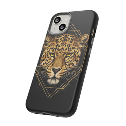 Leopard Head Geometric Phone Case – Black & Gold Luxe Tough Case