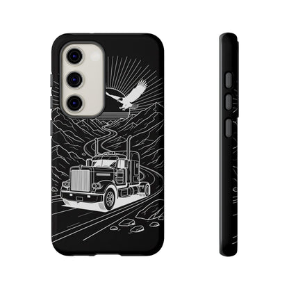 Trucker Highway Phone Case | Eagle & Mountain Line Art | Black Western Tough Case
