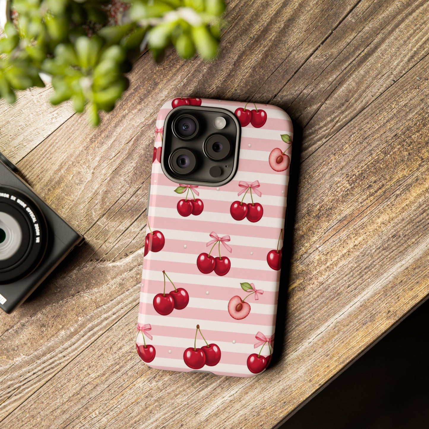 Coquette Cherry Bow Phone Case | Cute Pink Aesthetic Cherry Pattern Tough Case for iPhone & Samsung