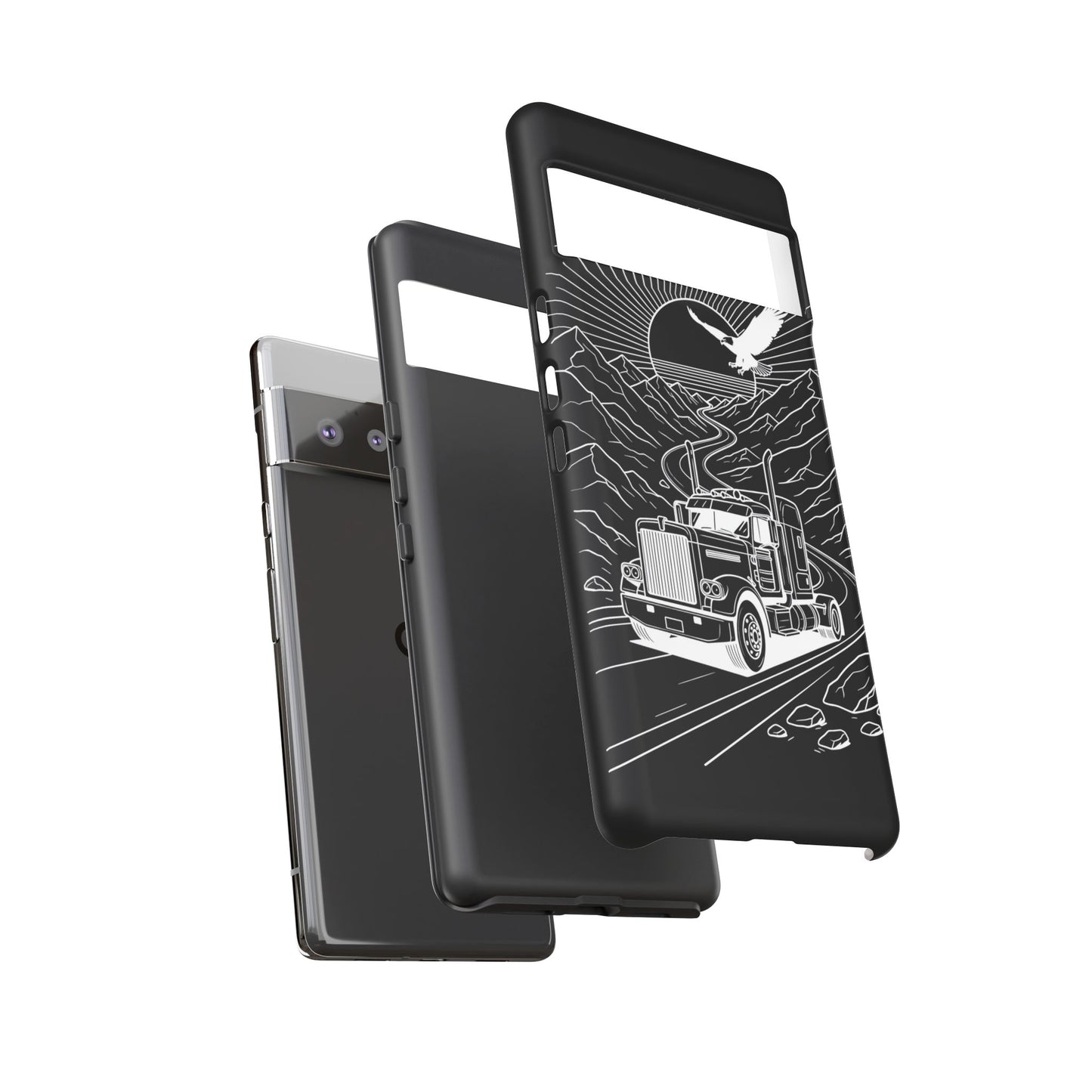 Trucker Highway Phone Case | Eagle & Mountain Line Art | Black Western Tough Case