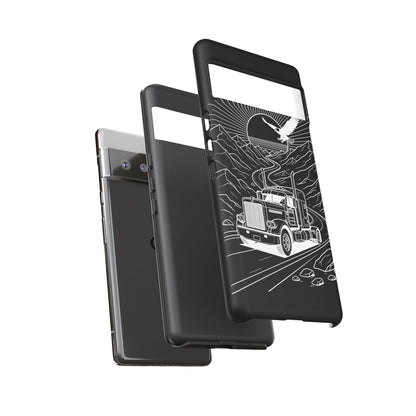 Trucker Highway Phone Case | Eagle & Mountain Line Art | Black Western Tough Case