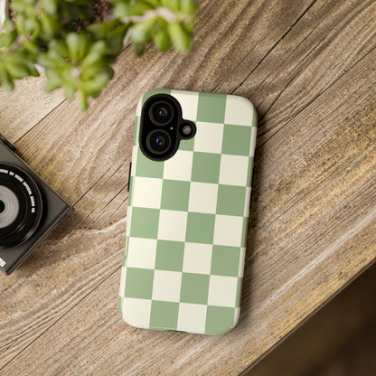Sage Green Checkerboard Phone Case | Minimal Aesthetic Checkered iPhone & Samsung Tough Case