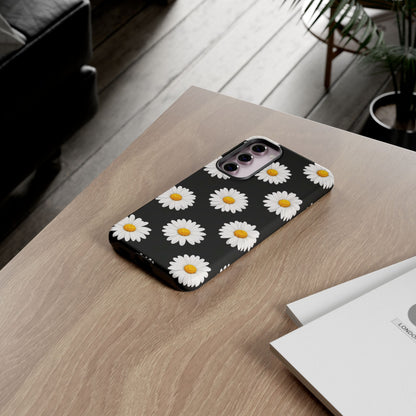 Black Daisy Floral Tough Phone Case – Cute Protective Cover for Iphone, Samsung Galaxy and Pixel