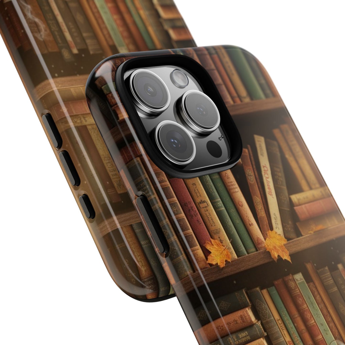 Cozy Vintage Bookshelf Phone Case, Library Aesthetic Book Stack, Autumn Coffee Vibes (iPhone, Samsung, Pixel)