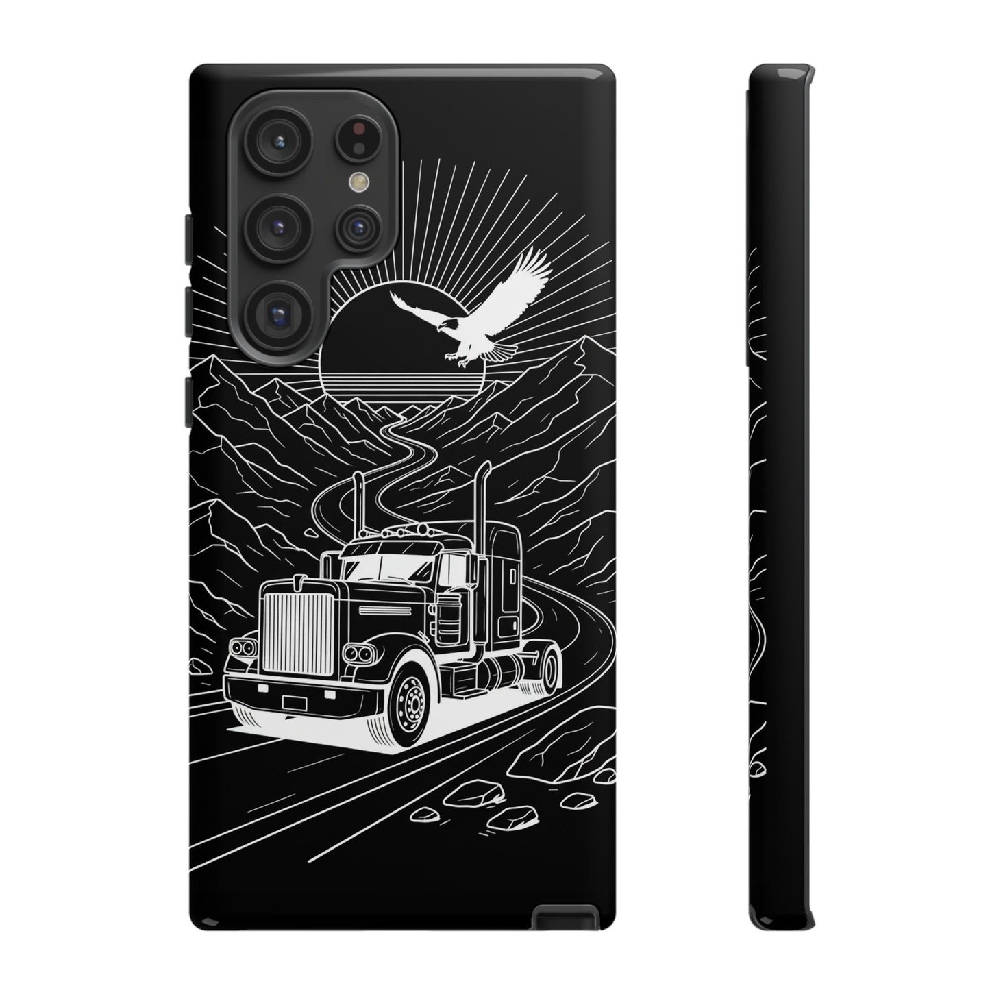Trucker Highway Phone Case | Eagle & Mountain Line Art | Black Western Tough Case