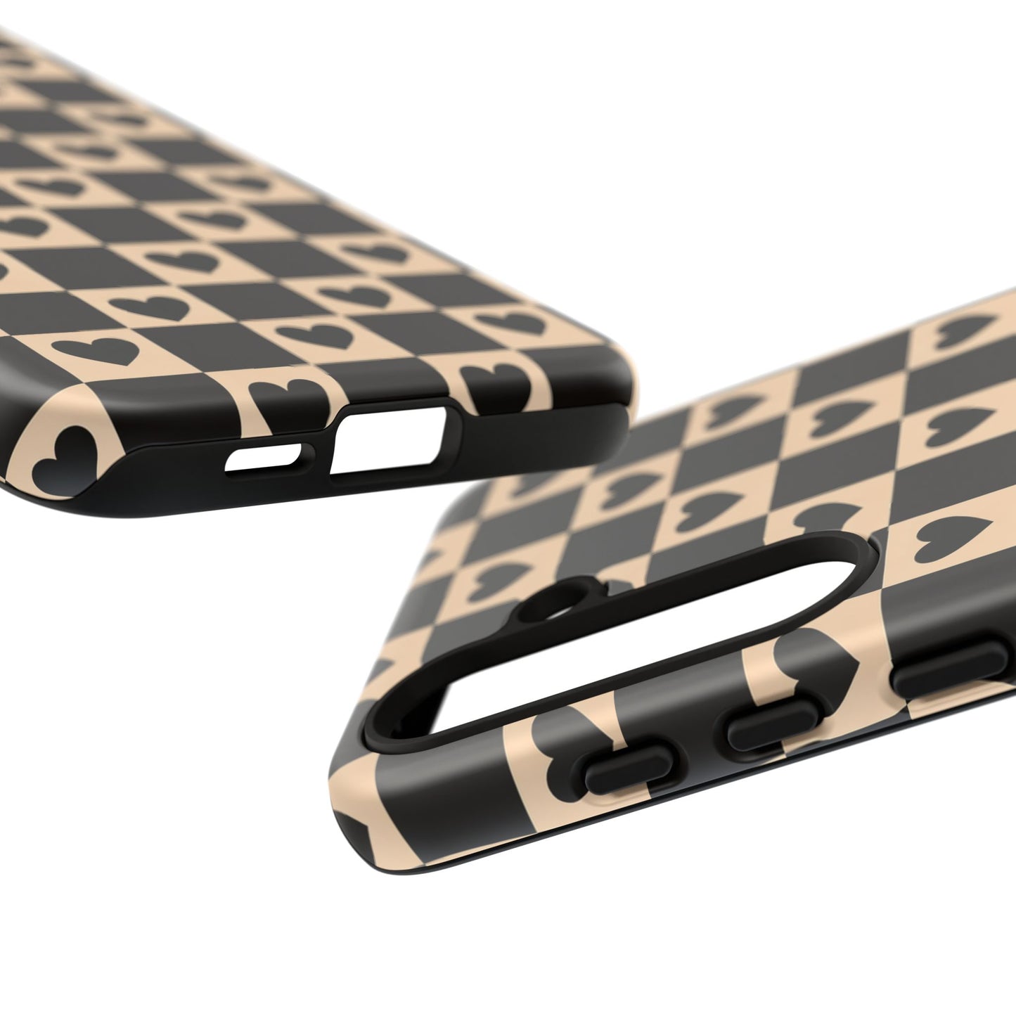 Checkerboard Heart Phone Case – Black & Beige Cute Aesthetic Protective Cover for Iphone, Samsung Galaxy and Pixel