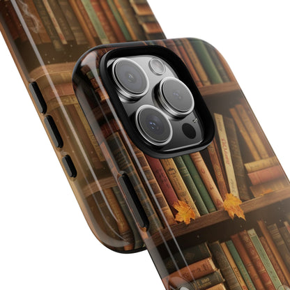 Cozy Vintage Bookshelf Phone Case, Library Aesthetic Book Stack, Autumn Coffee Vibes (iPhone, Samsung, Pixel)